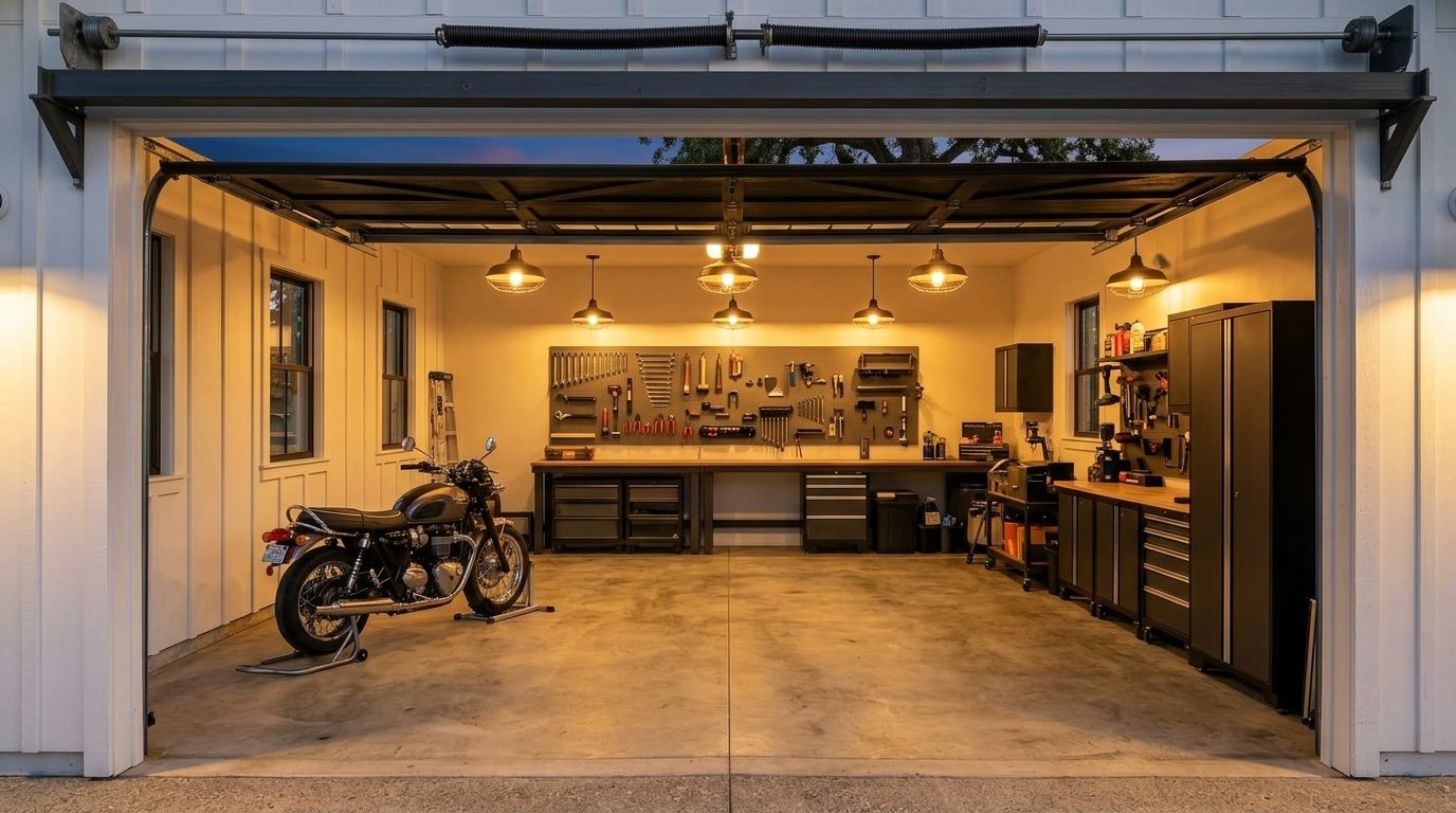 Begum Garage Door Repair Interior View of Custom Garage Door Overhead and Workshop